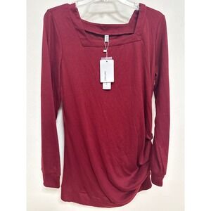 VIMPUNEC Burgundy Square Neck Long Sleeve Side Button Ruched Tunic Top Medium